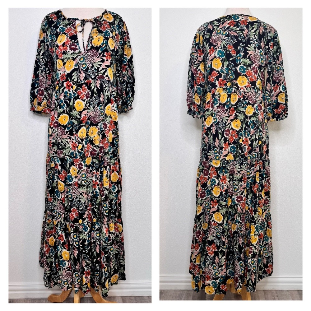 Natural Life Maxi Dress Floral Print Black Yellow Boho Tiered Festival XS/S